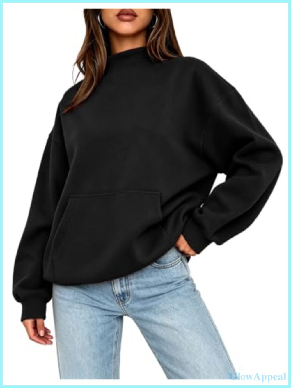 Oversized Mock Neck Sweatshirt with Kangaroo Pocket and Long Sleeves
